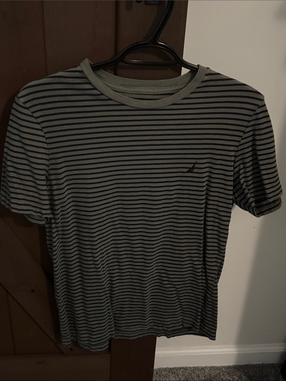 Nautica Olive Green and Black Thin Striped Crew Neck Tee
